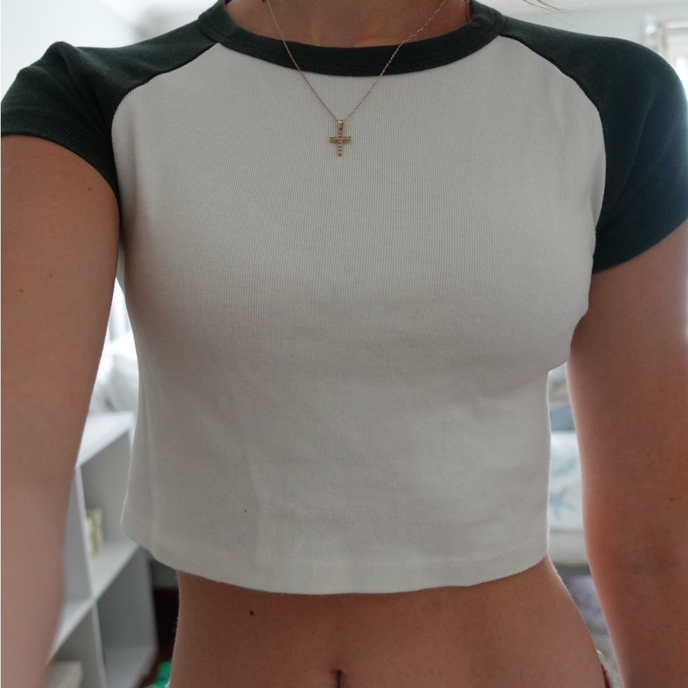 Brandy Melville White and Green Raglan Crop Top